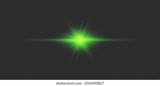Efecto de luz de los destellos de la lente. Efecto de luz brillante brillante verde Horizontal con destellos sobre un fondo transparente gris. Ilustración vectorial