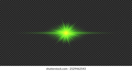 Light effect of lens flares. Green horizontal glowing light starburst effect with sparkles on a grey transparent background. Vector illustration