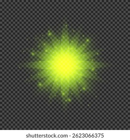 Lichteffect van lensflare. Groene gloeiende lichten starburst effecten met fonkelingen op een transparante achtergrond. Vectorillustratie