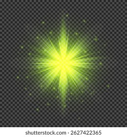 Efeito de luz de clarões de lente. Luzes verdes brilhantes efeitos starburst com brilhos em um fundo transparente. Ilustração vetorial
