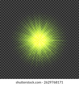 Lichteffect van lensflare. Groene gloeiende lichten starburst effecten met fonkelingen op een transparante achtergrond. Vectorillustratie