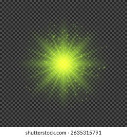 Lichteffect van lensflare. Groene gloeiende lichten starburst effecten met fonkelingen op een transparante achtergrond. Vectorillustratie