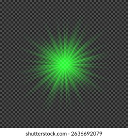 Lichteffect van lensflare. Groene gloeiende lichten starburst effecten met fonkelingen op een transparante achtergrond. Vectorillustratie