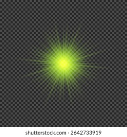 Lichteffect van lensflare. Groene gloeiende lichten starburst effecten met fonkelingen op een transparante achtergrond. Vectorillustratie
