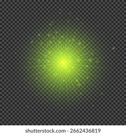 Efecto de luz de los destellos de la lente. Luces verdes brillantes efectos de explosión de estrellas con destellos sobre un fondo transparente. Ilustración vectorial