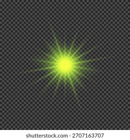 Efecto de luz de los destellos de la lente. Luces verdes brillantes efectos de explosión de estrellas con destellos sobre un fondo transparente. Ilustración vectorial