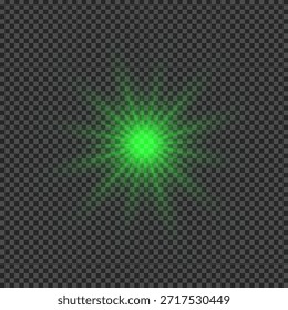 Efecto de luz de los destellos de la lente. Luces verdes brillantes efectos de explosión de estrellas con destellos sobre un fondo transparente. Ilustración vectorial