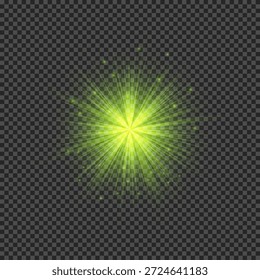 Efeito de luz de clarões de lente. Luzes verdes brilhantes efeitos starburst com brilhos em um fundo transparente. Ilustração vetorial