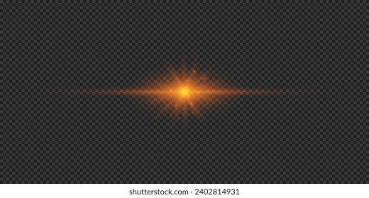 Light effect of lens flares. Orange horizontal glowing light starburst effect with sparkles on a grey transparent background. Vector illustration