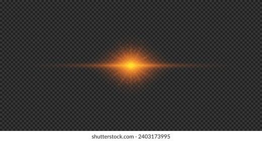 Efecto luminoso de las bengalas de la lente. Efecto de arranque de luz horizontal brillante naranja con destellos sobre un fondo transparente gris. Ilustración del vector