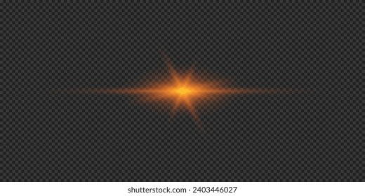 Efecto luminoso de las bengalas de la lente. Efecto de arranque de luz horizontal brillante naranja con destellos sobre un fondo transparente gris. Ilustración del vector