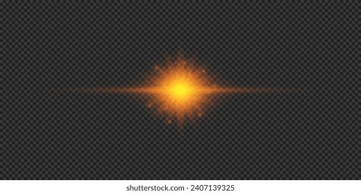 Light effect of lens flares. Orange horizontal glowing light starburst effect with sparkles on a grey transparent background. Vector illustration