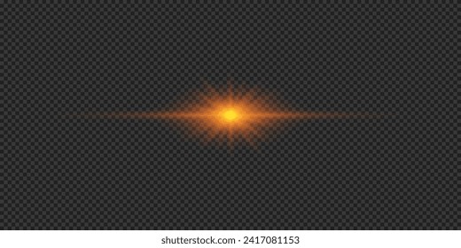 Light effect of lens flares. Orange horizontal glowing light starburst effect with sparkles on a grey transparent background. Vector illustration