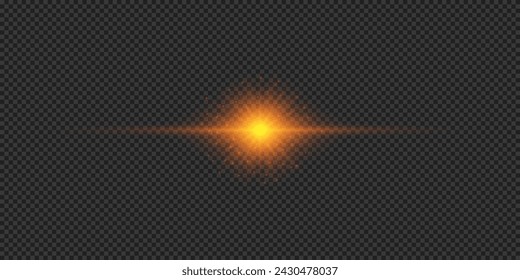 Light effect of lens flares. Orange horizontal glowing light starburst effect with sparkles on a grey transparent background. Vector illustration