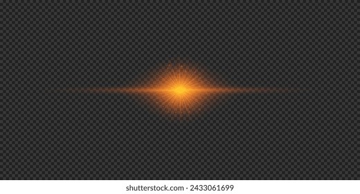 Light effect of lens flares. Orange horizontal glowing light starburst effect with sparkles on a grey transparent background. Vector illustration