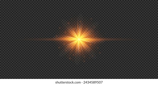 Light effect of lens flares. Orange horizontal glowing light starburst effect with sparkles on a grey transparent background. Vector illustration