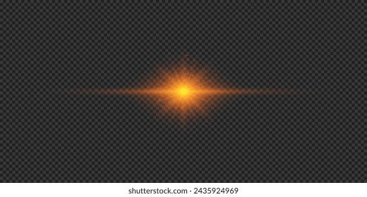 Light effect of lens flares. Orange horizontal glowing light starburst effect with sparkles on a grey transparent background. Vector illustration