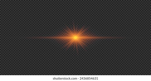 Light effect of lens flares. Orange horizontal glowing light starburst effect with sparkles on a grey transparent background. Vector illustration