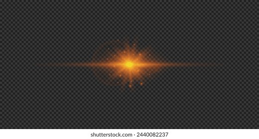 Light effect of lens flares. Orange horizontal glowing light starburst effect with sparkles on a grey transparent background. Vector illustration