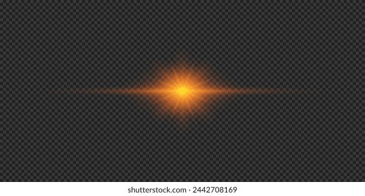 Light effect of lens flares. Orange horizontal glowing light starburst effect with sparkles on a grey transparent background. Vector illustration