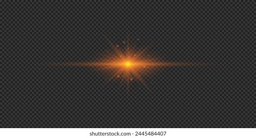 Light effect of lens flares. Orange horizontal glowing light starburst effect with sparkles on a grey transparent background. Vector illustration
