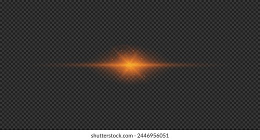 Efecto lumínico de los destellos de lente. Efecto Starburst de luz brillante Horizontal naranja con destellos sobre un fondo transparente gris. Ilustración vectorial