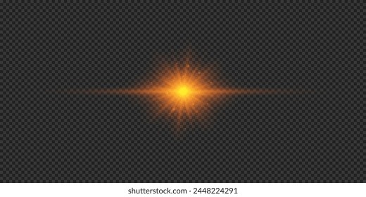 Efecto lumínico de los destellos de lente. Efecto Starburst de luz brillante Horizontal naranja con destellos sobre un fondo transparente gris. Ilustración vectorial