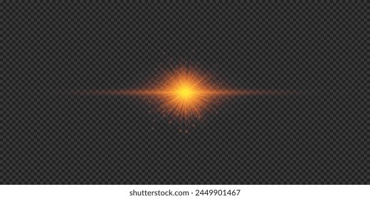 Efecto lumínico de los destellos de lente. Efecto Starburst de luz brillante Horizontal naranja con destellos sobre un fondo transparente gris. Ilustración vectorial
