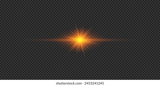 Efecto lumínico de los destellos de lente. Efecto Starburst de luz brillante Horizontal naranja con destellos sobre un fondo transparente gris. Ilustración vectorial