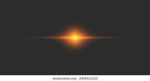 Efecto lumínico de los destellos de lente. Efecto Starburst de luz brillante Horizontal naranja con destellos sobre un fondo transparente gris. Ilustración vectorial