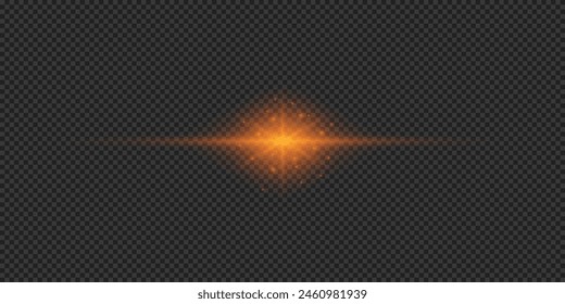 Light effect of lens flares. Orange horizontal glowing light starburst effect with sparkles on a grey transparent background. Vector illustration