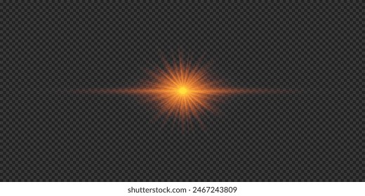 Light effect of lens flares. Orange horizontal glowing light starburst effect with sparkles on a grey transparent background. Vector illustration