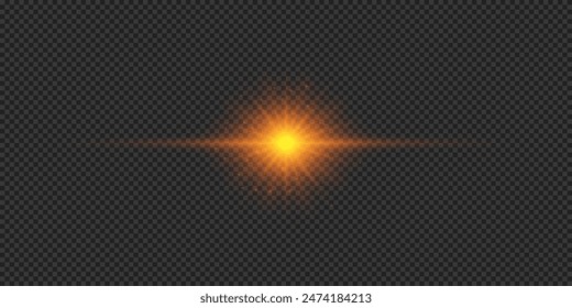 Efecto lumínico de los destellos de lente. Efecto Starburst de luz brillante Horizontal naranja con destellos sobre un fondo transparente gris. Ilustración vectorial