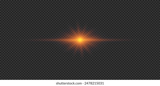 Light effect of lens flares. Orange horizontal glowing light starburst effect with sparkles on a grey transparent background. Vector illustration