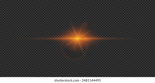 Efecto lumínico de los destellos de lente. Efecto Starburst de luz brillante Horizontal naranja con destellos sobre un fondo transparente gris. Ilustración vectorial