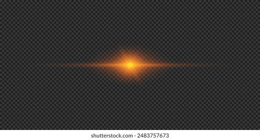 Light effect of lens flares. Orange horizontal glowing light starburst effect with sparkles on a grey transparent background. Vector illustration