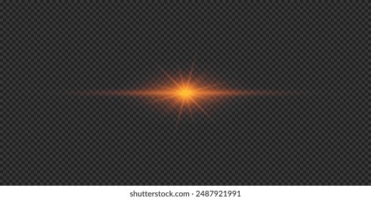 Light effect of lens flares. Orange horizontal glowing light starburst effect with sparkles on a grey transparent background. Vector illustration