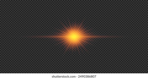 Light effect of lens flares. Orange horizontal glowing light starburst effect with sparkles on a grey transparent background. Vector illustration