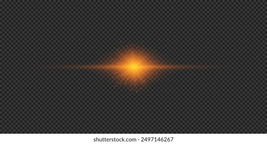 Light effect of lens flares. Orange horizontal glowing light starburst effect with sparkles on a grey transparent background. Vector illustration