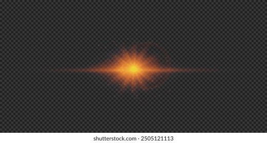 Light effect of lens flares. Orange horizontal glowing light starburst effect with sparkles on a grey transparent background. Vector illustration