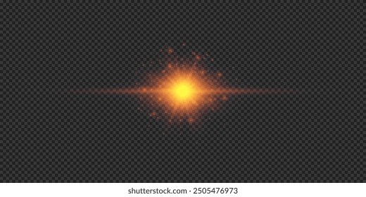 Light effect of lens flares. Orange horizontal glowing light starburst effect with sparkles on a grey transparent background. Vector illustration
