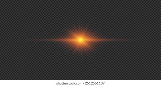 Light effect of lens flares. Orange horizontal glowing light starburst effect with sparkles on a grey transparent background. Vector illustration