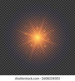 Light effect of lens flares. Orange glowing lights starburst effects with sparkles on a transparent background. Vector illustration