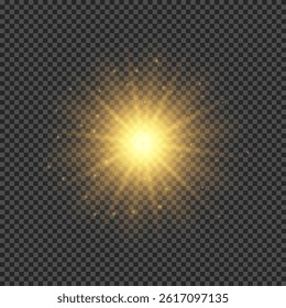 Light effect of lens flares.  Orange glowing lights starburst effects with sparkles on a transparent background. Vector illustration