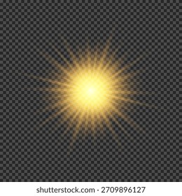 Efecto de luz de los destellos de la lente.  Luces brillantes de color naranja con efectos de explosión de estrellas con destellos sobre un fondo transparente. Ilustración vectorial