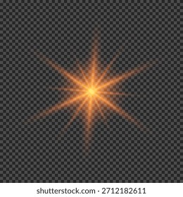Efecto de luz de los destellos de la lente. Luces brillantes de color naranja con efectos de explosión de estrellas con destellos sobre un fondo transparente. Ilustración vectorial
