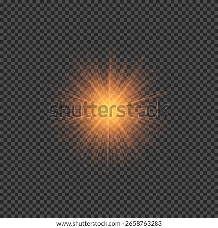 Light effect of lens flares. Orange glowing lights starburst effects with sparkles on a transparent background. Vector illustration