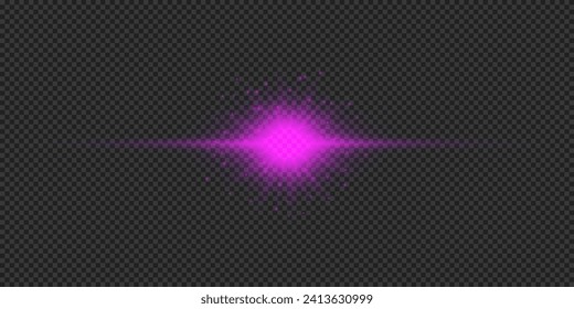 Lichteffekt der Linsenfackel. Violett-horizontaler heller Starburst-Effekt mit Funkeln auf grauem, transparentem Hintergrund. Vektorgrafik