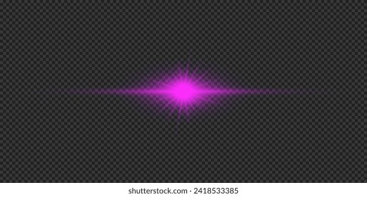 Light effect of lens flares. Purple horizontal glowing light starburst effect with sparkles on a grey transparent background. Vector illustration