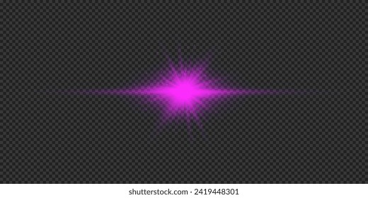 Light effect of lens flares. Purple horizontal glowing light starburst effect with sparkles on a grey transparent background. Vector illustration